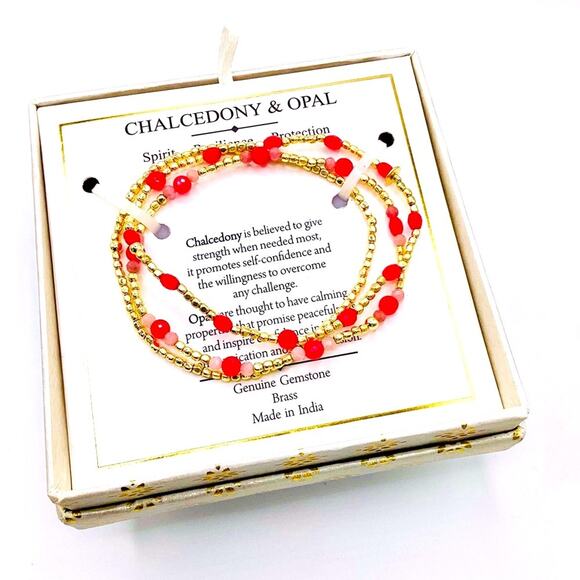 Shivam Chalcedony & Opal Red and Gold Beaded Brass Bracelets - Picture 1 of 7